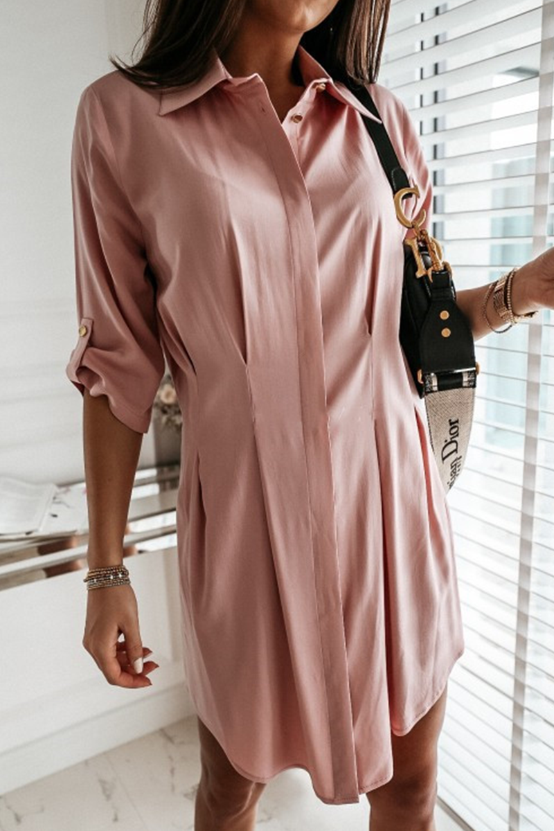 Fashion Casual Solid Buckle Fold Turndown Collar Shirt Dress Dresses - Fashionpara