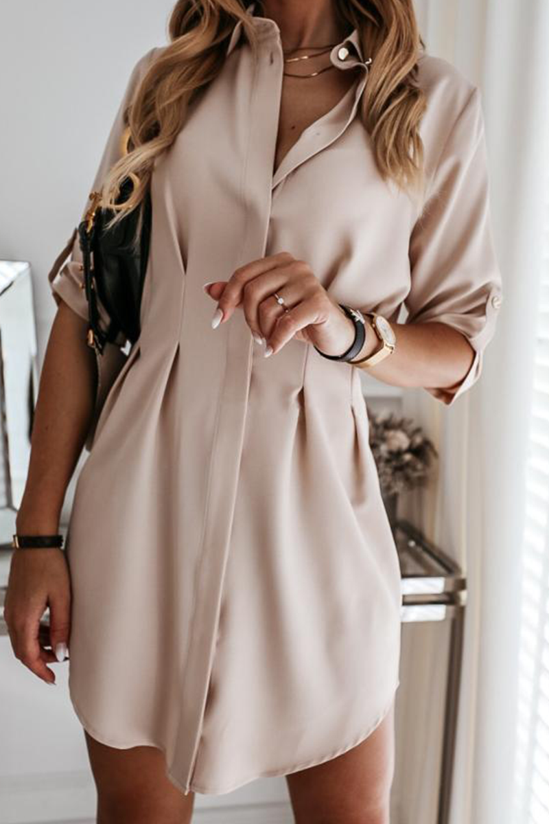 Fashion Casual Solid Buckle Fold Turndown Collar Shirt Dress Dresses - Fashionpara