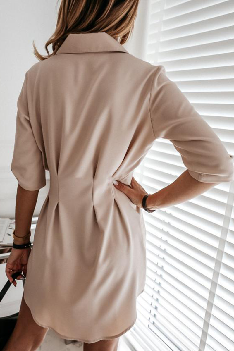 Fashion Casual Solid Buckle Fold Turndown Collar Shirt Dress Dresses - Fashionpara