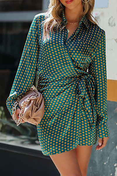 Fashion Elegant Polka Dot Split Joint Strap Design Turndown Collar Dresses - Fashionpara