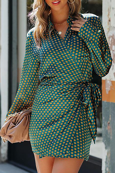 Fashion Elegant Polka Dot Split Joint Strap Design Turndown Collar Dresses - Fashionpara