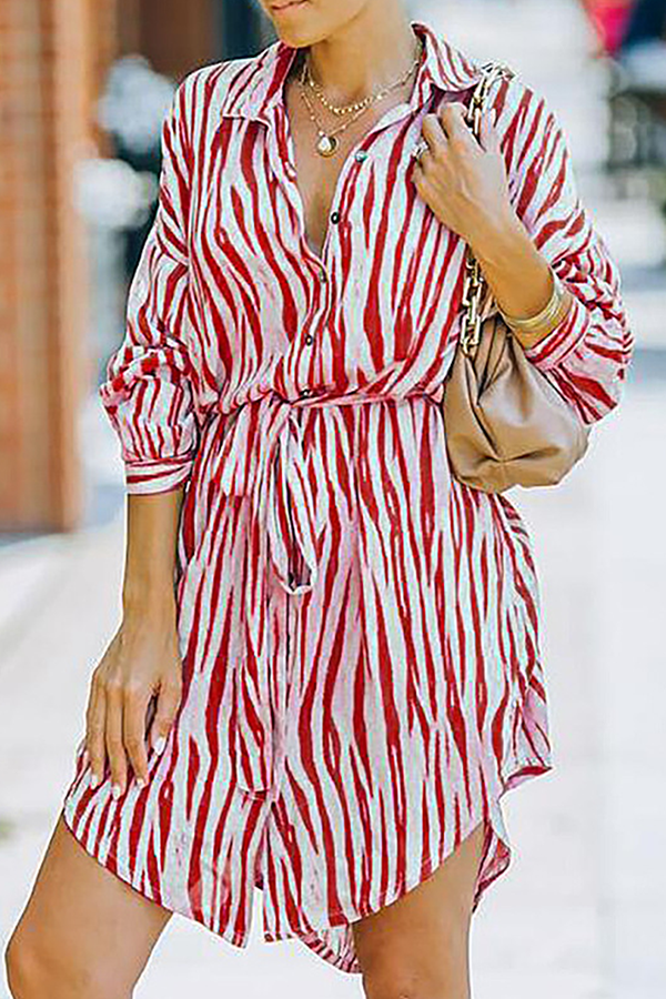 Fashion Casual Striped Buckle With Belt Turndown Collar Shirt Dress Dresses(7 colors) - Fashionpara