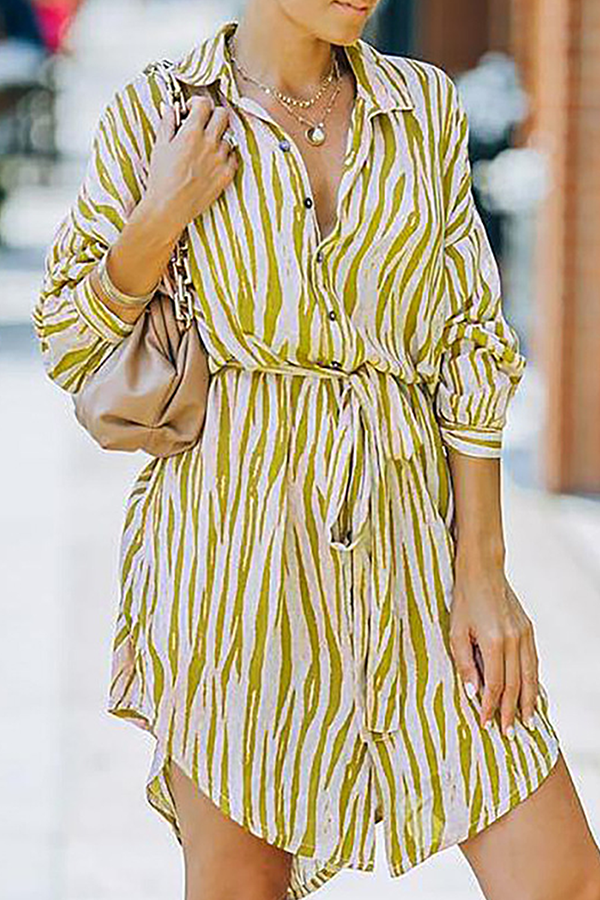 Fashion Casual Striped Buckle With Belt Turndown Collar Shirt Dress Dresses(7 colors) - Fashionpara