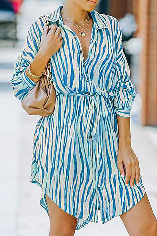 Fashion Casual Striped Buckle With Belt Turndown Collar Shirt Dress Dresses(7 colors) - Fashionpara