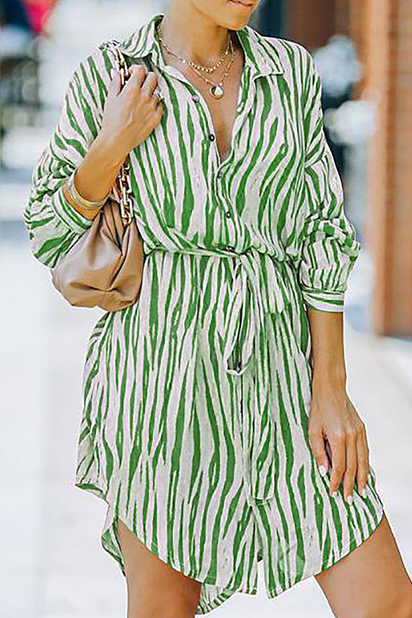 Fashion Casual Striped Buckle With Belt Turndown Collar Shirt Dress Dresses(7 colors) - Fashionpara