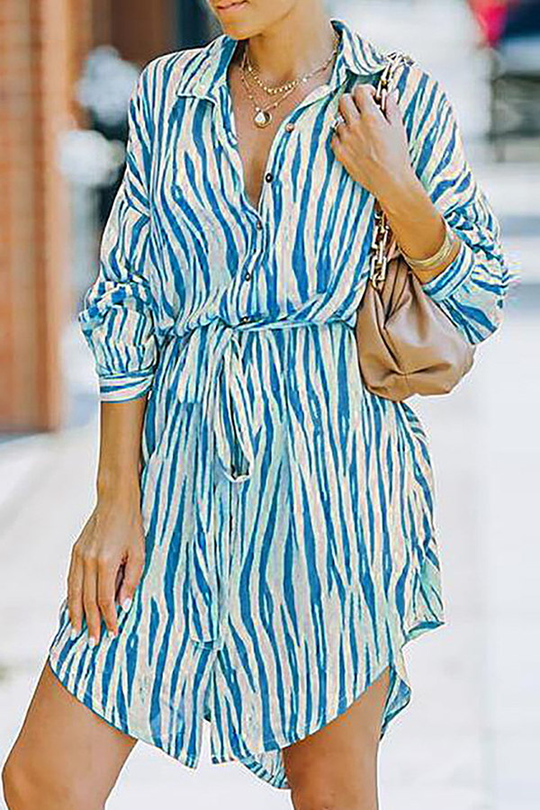 Fashion Casual Striped Buckle With Belt Turndown Collar Shirt Dress Dresses(7 colors) - Fashionpara