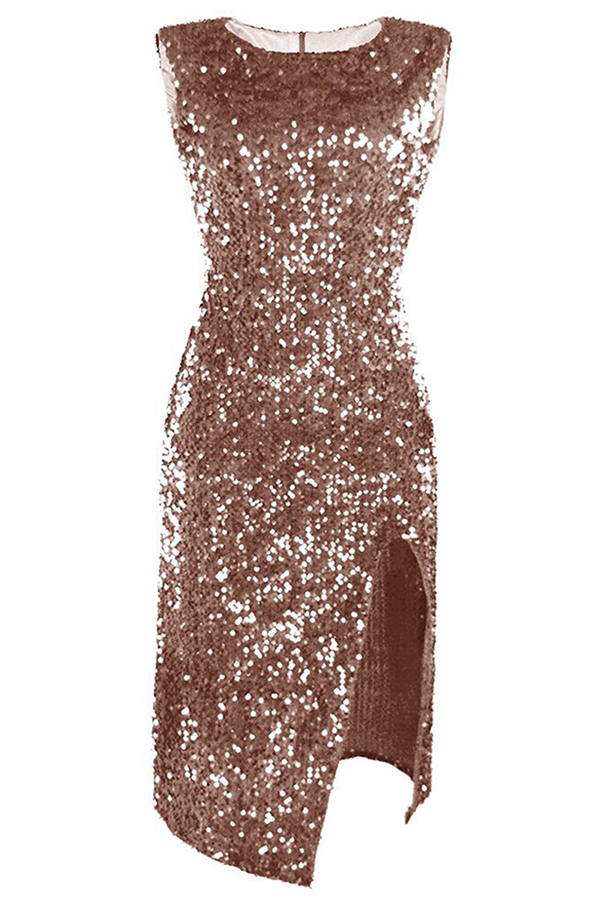 Fashion Elegant Solid Sequins Slit O Neck Pencil Dresses(4 colors) - Fashionpara