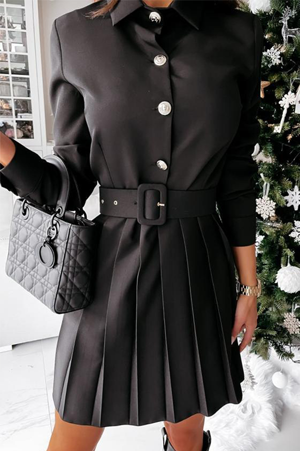 Fashion Elegant Solid Buckle With Belt Turndown Collar Pleated Dresses - Fashionpara
