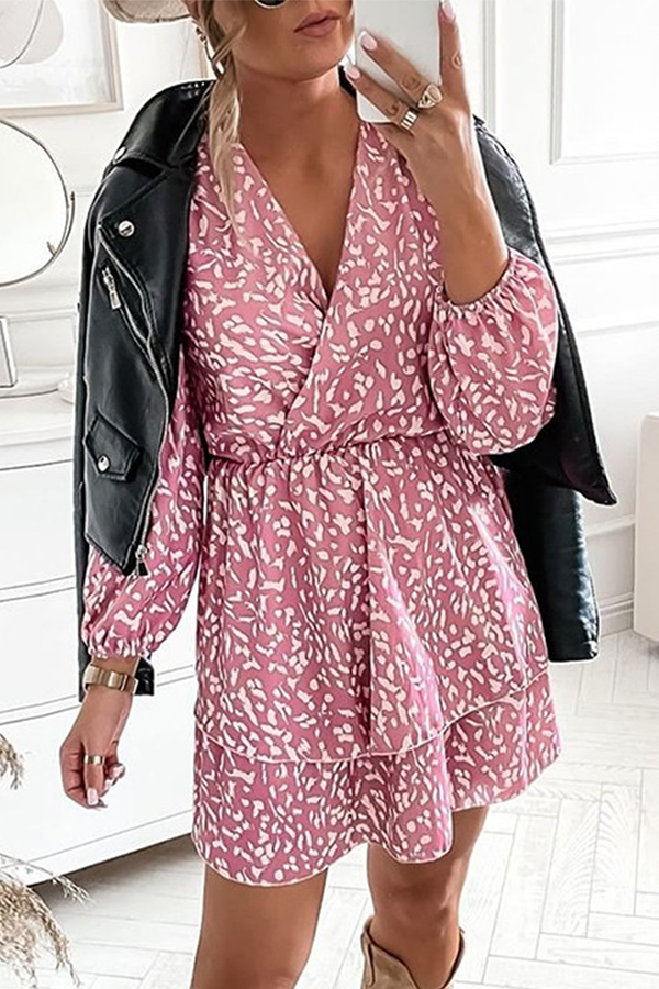 Casual Print Split Joint Flounce V Neck A Line Dresses - Fashionpara