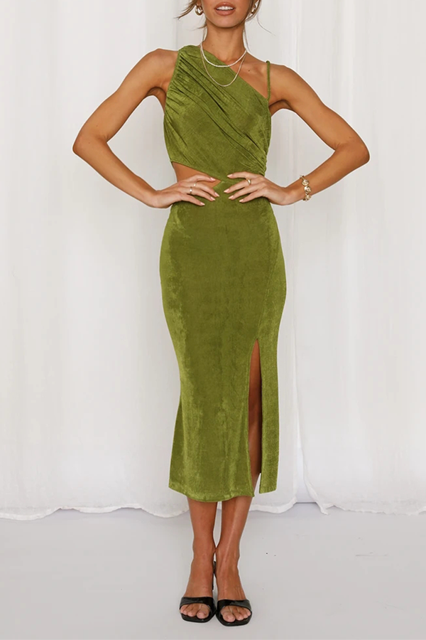 Fashion Elegant Solid Hollowed Out Slit Oblique Collar Pencil Skirt Dresses(5 Colors) - Fashionpara