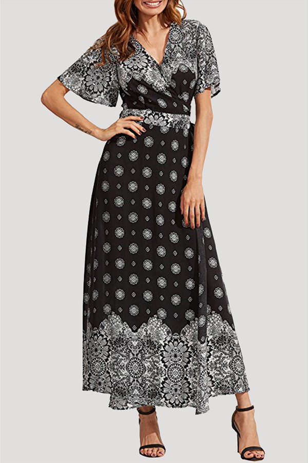 Bohemian Geometric Frenulum Slit V Neck A Line Dresses - Fashionpara