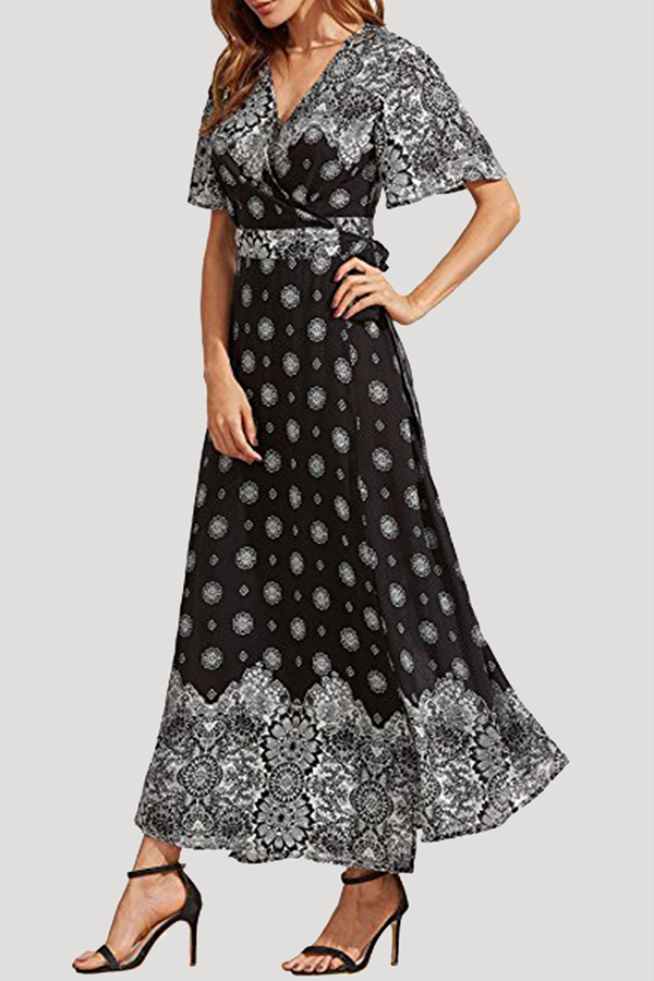 Bohemian Geometric Frenulum Slit V Neck A Line Dresses - Fashionpara