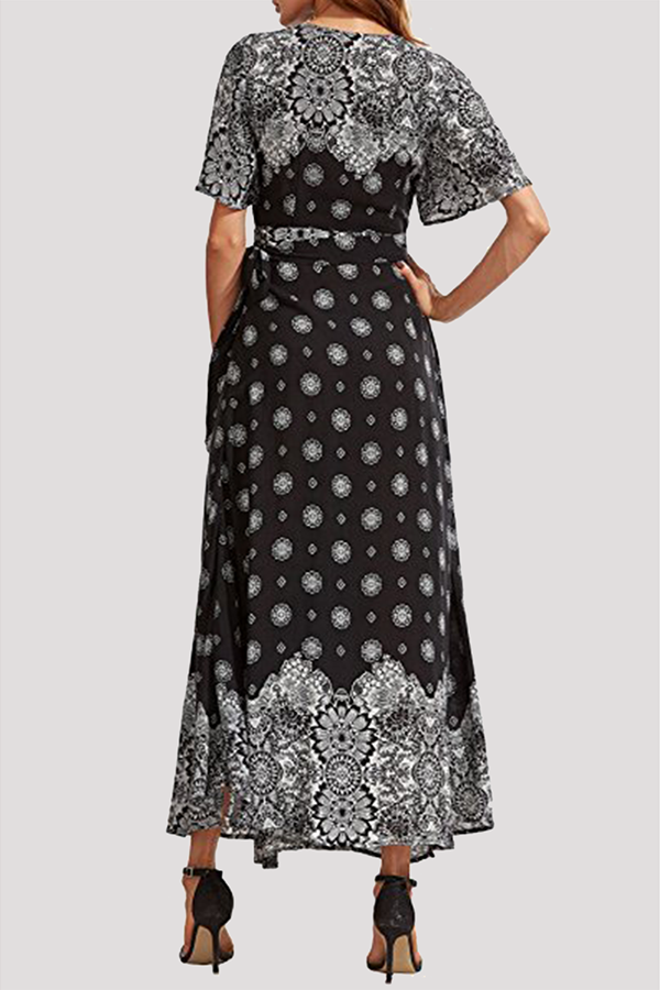 Bohemian Geometric Frenulum Slit V Neck A Line Dresses - Fashionpara