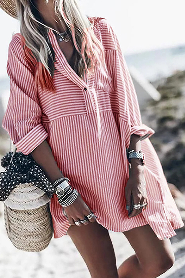 Casual Striped Patchwork Buttons Turndown Collar Shirt Dress Dresses(3 Colors) - Fashionpara