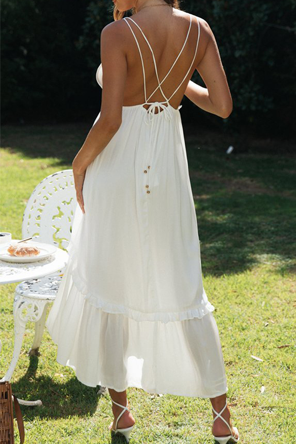 Fashion Casual Solid Frenulum Backless V Neck A Line Dresses - Fashionpara