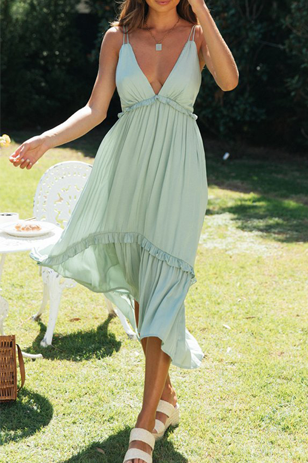 Fashion Casual Solid Frenulum Backless V Neck A Line Dresses - Fashionpara