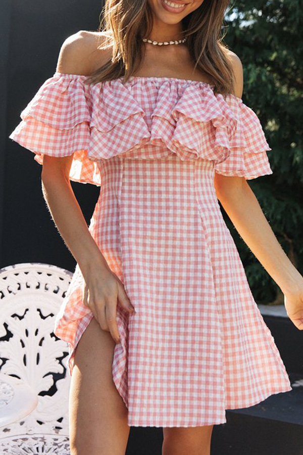Fashion Sweet Plaid Split Joint Flounce Off the Shoulder A Line Dresses - Fashionpara