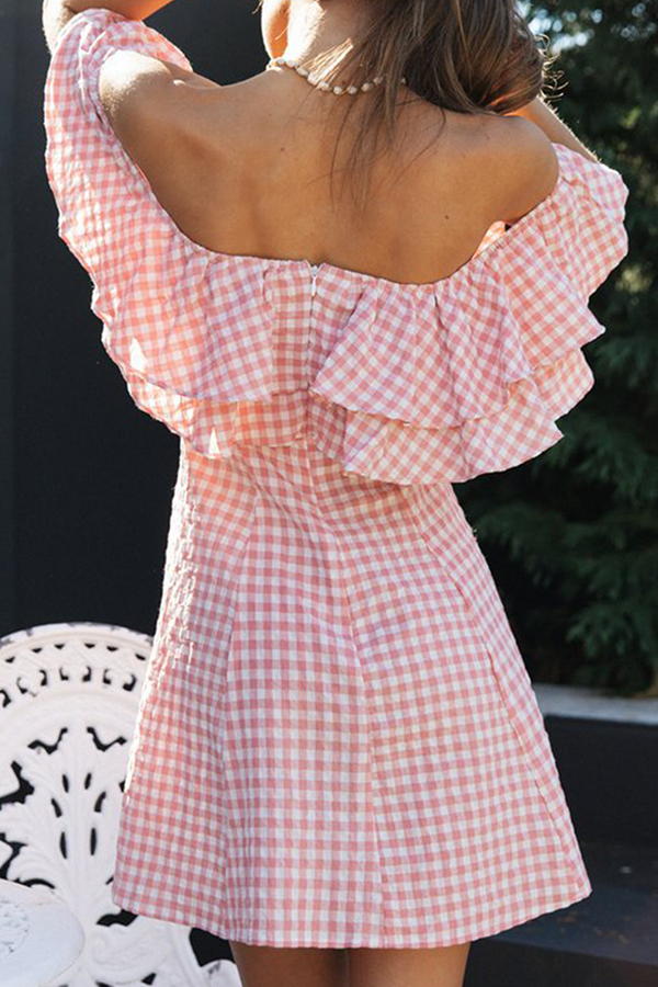 Fashion Sweet Plaid Split Joint Flounce Off the Shoulder A Line Dresses - Fashionpara