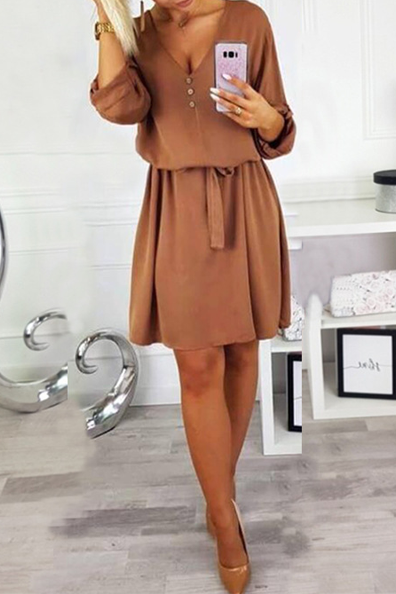Fashion Casual Solid Buttons Strap Design V Neck Dresses - Fashionpara