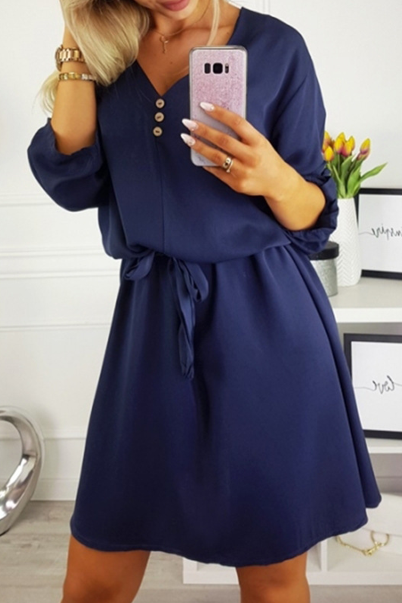 Fashion Casual Solid Buttons Strap Design V Neck Dresses - Fashionpara
