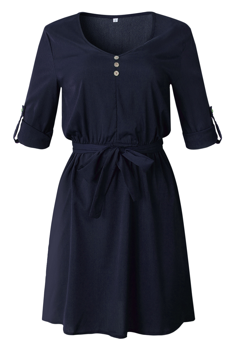 Fashion Casual Solid Buttons Strap Design V Neck Dresses - Fashionpara