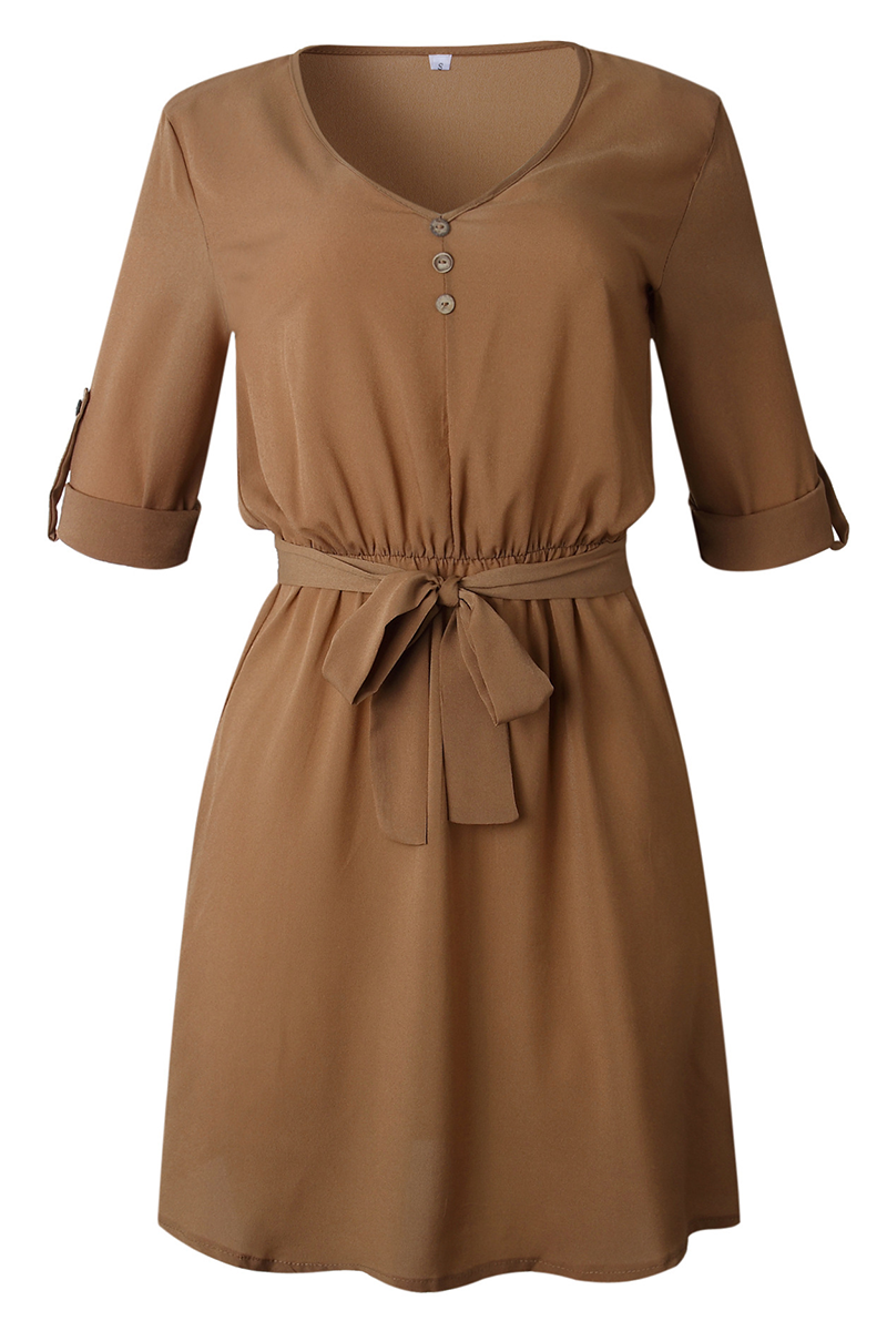 Fashion Casual Solid Buttons Strap Design V Neck Dresses - Fashionpara
