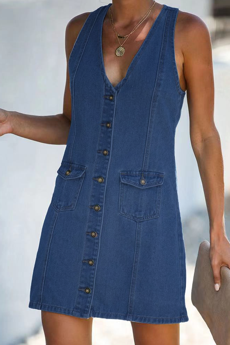 Fashion Casual Solid Split Joint Buckle V Neck A Line Dresses - Fashionpara