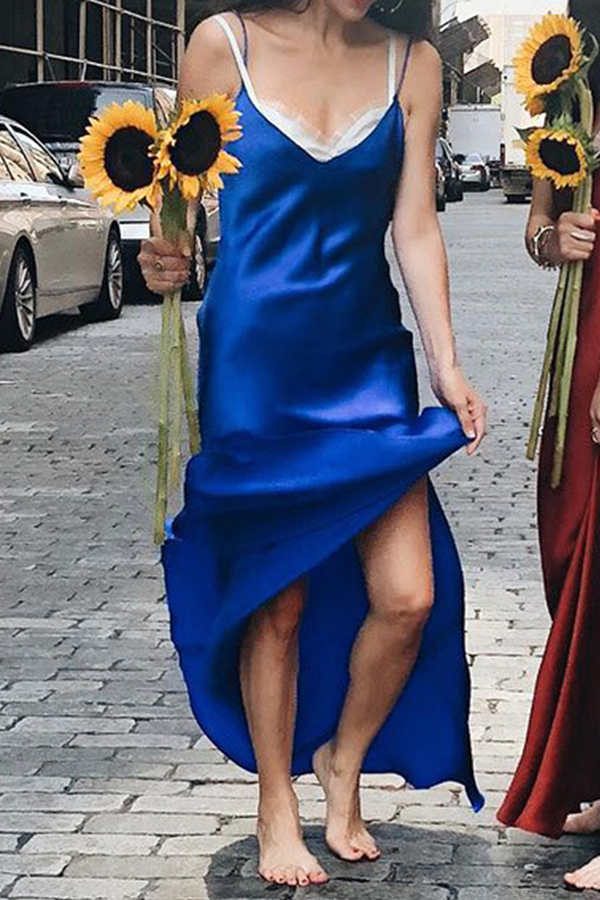 Fashion Casual Solid Split Joint Slit V Neck A Line Dresses  (Without Belt)(5 colors) - Fashionpara