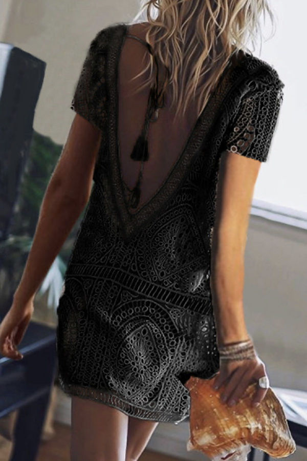 Fashion Casual Patchwork Hollowed Out Frenulum Backless V Neck A Line Dresses(3 Colors) - Fashionpara