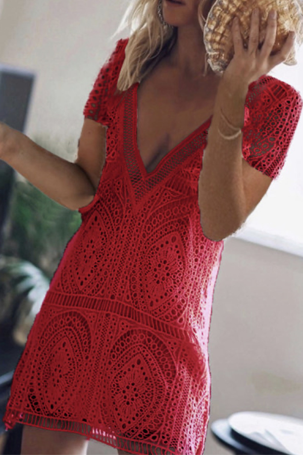 Fashion Casual Patchwork Hollowed Out Frenulum Backless V Neck A Line Dresses(3 Colors) - Fashionpara