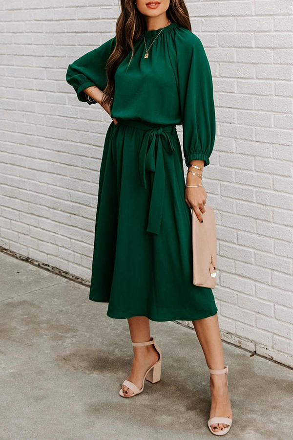 Casual Solid Split Joint With Belt O Neck Waist Skirt Dresses - Fashionpara