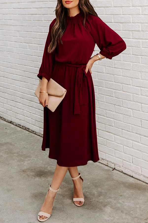 Casual Solid Split Joint With Belt O Neck Waist Skirt Dresses - Fashionpara