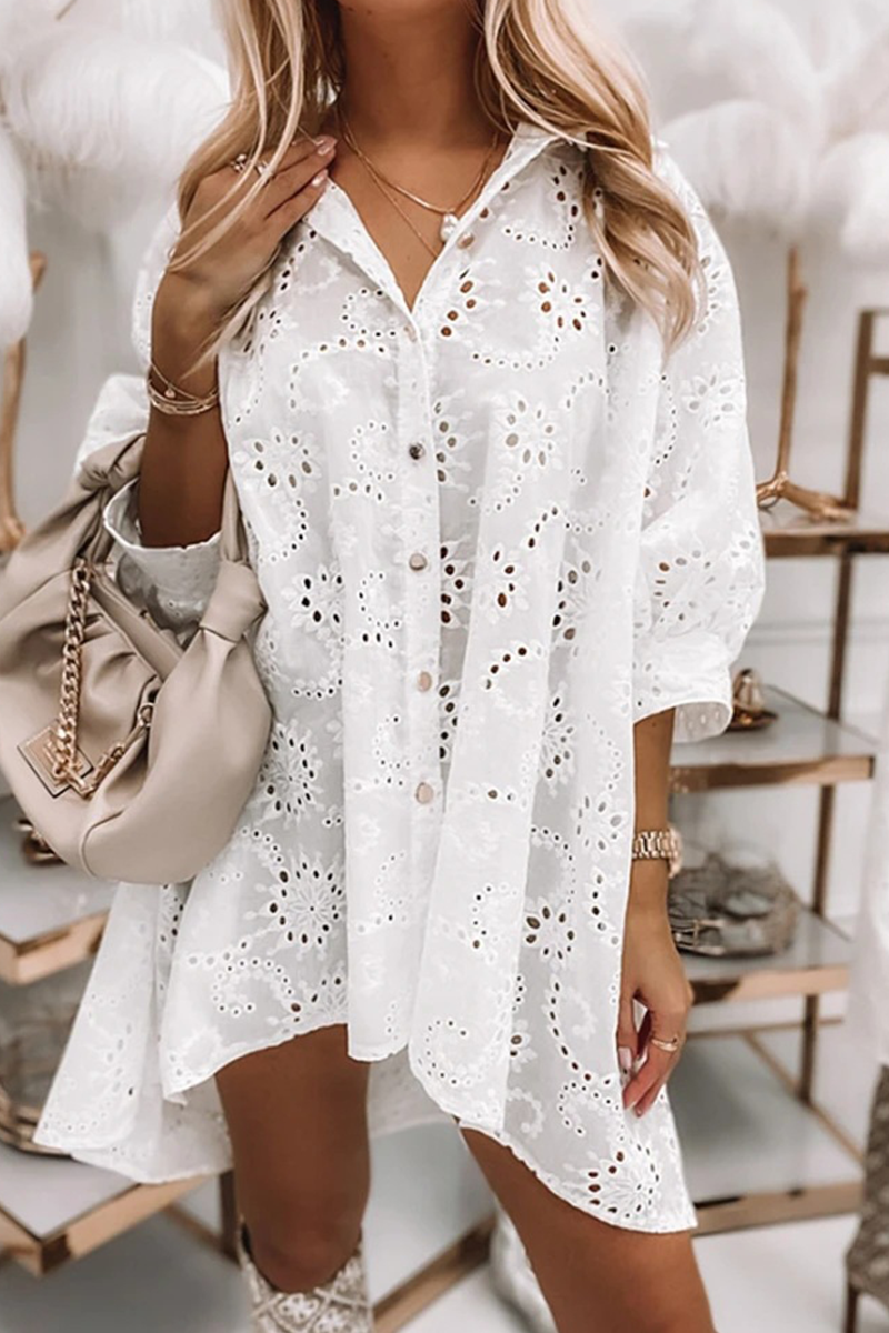 Casual Solid Split Joint Turndown Collar Shirt Dress Dresses - Fashionpara