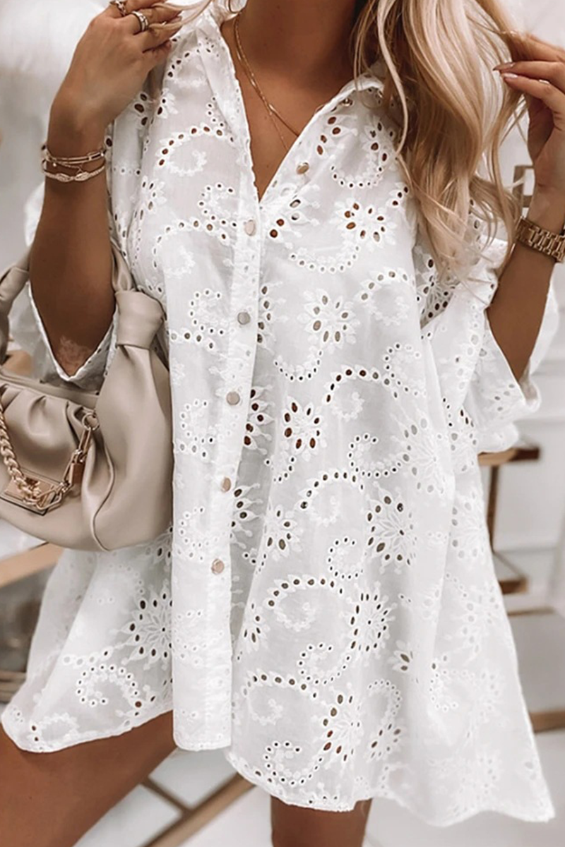 Casual Solid Split Joint Turndown Collar Shirt Dress Dresses - Fashionpara