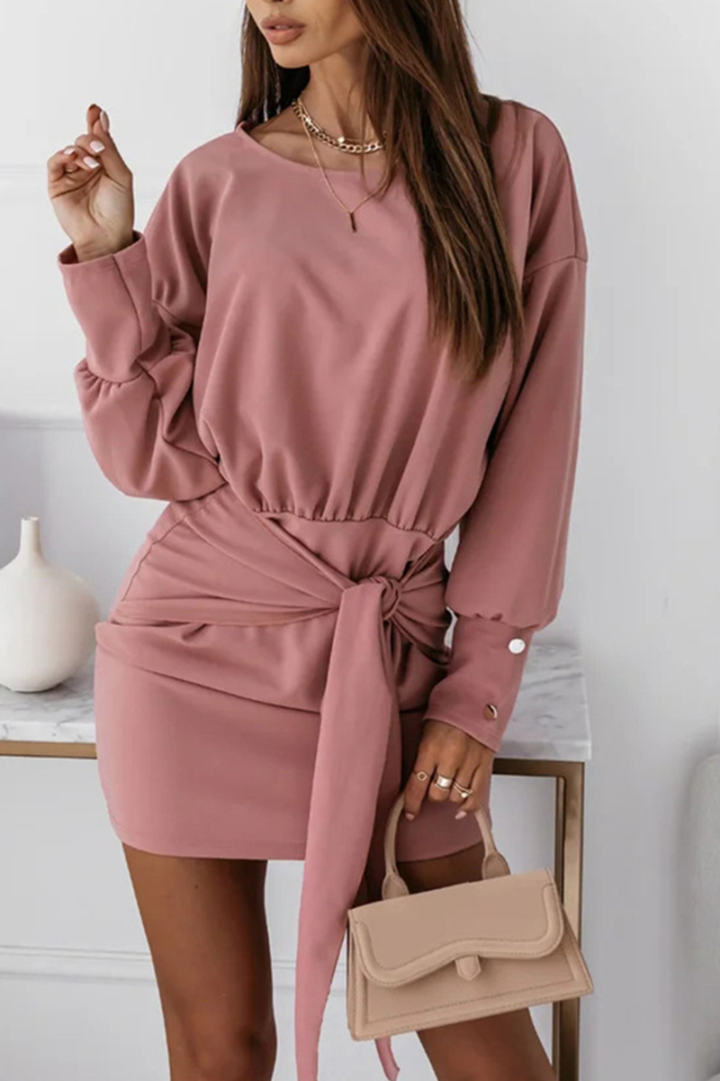 Casual Solid Bandage Patchwork O Neck Pencil Skirt Dresses(4 Colors) - Fashionpara