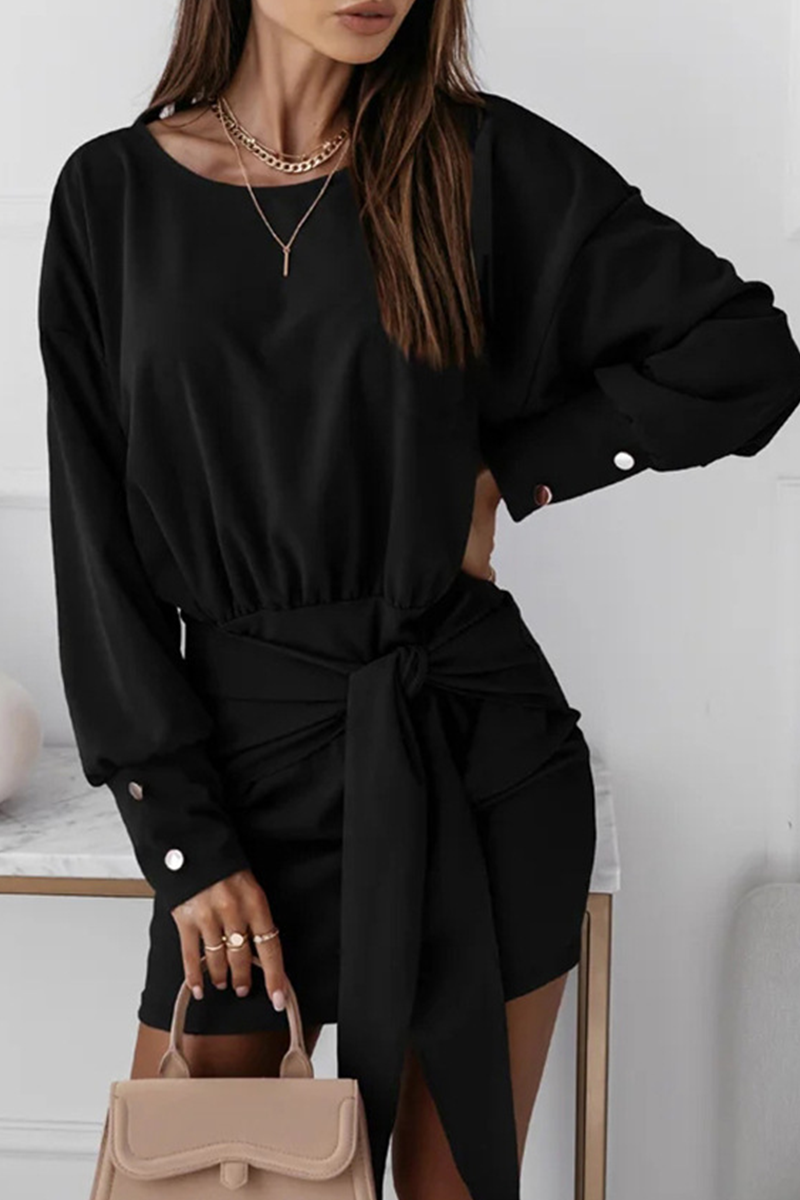 Casual Solid Bandage Patchwork O Neck Pencil Skirt Dresses(4 Colors) - Fashionpara