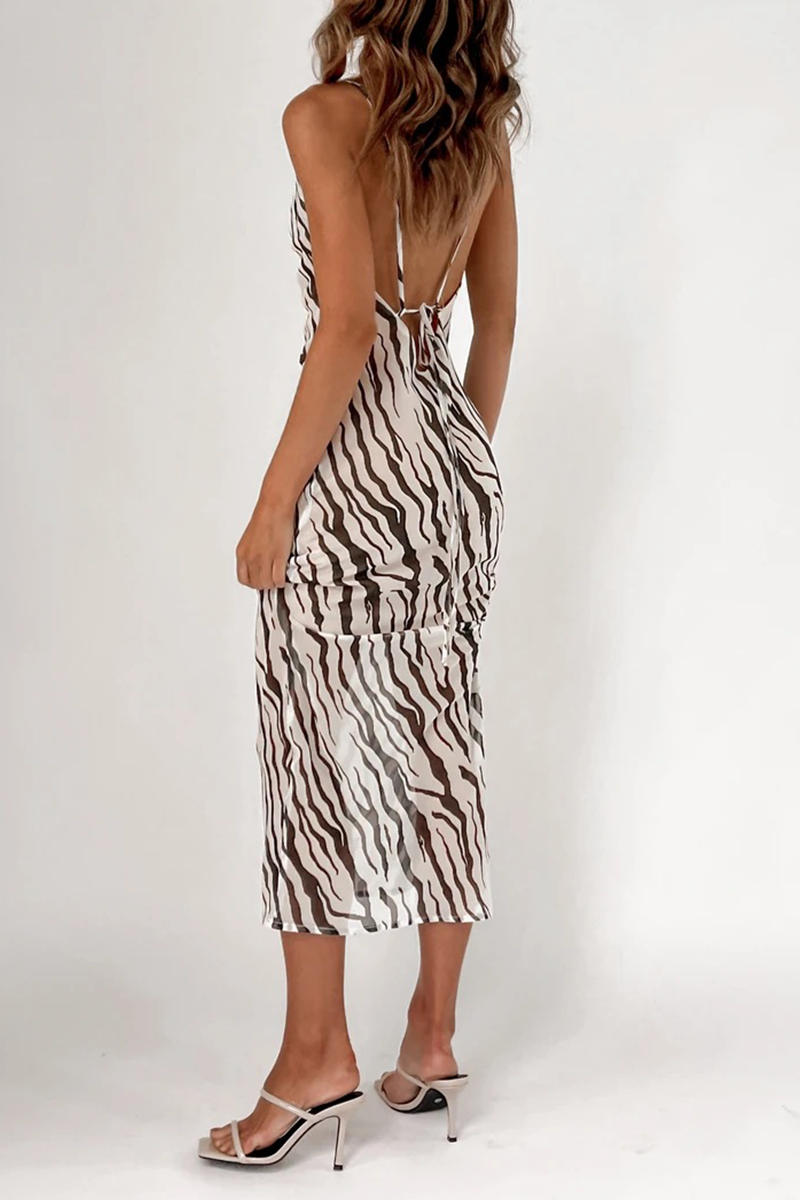 Sexy Animal Print Leopard Patchwork Spaghetti Strap Pencil Skirt Dresses - Fashionpara