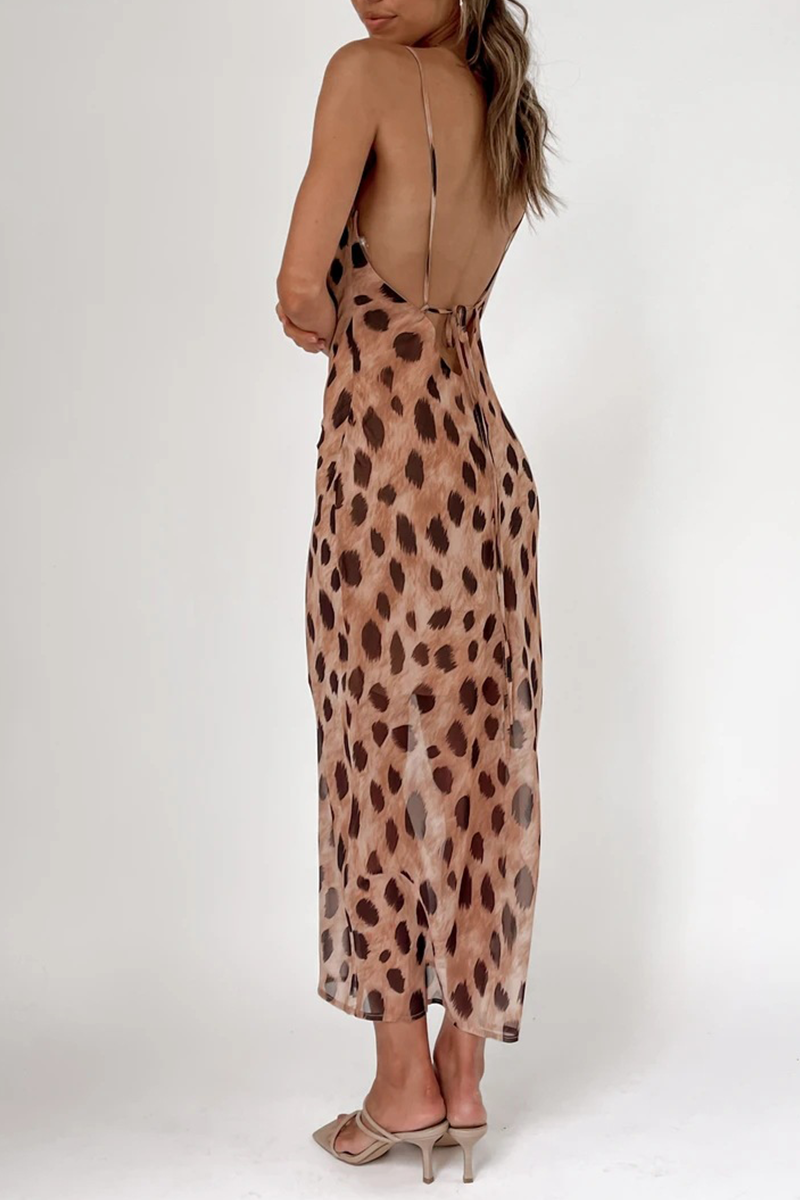 Sexy Animal Print Leopard Patchwork Spaghetti Strap Pencil Skirt Dresses - Fashionpara