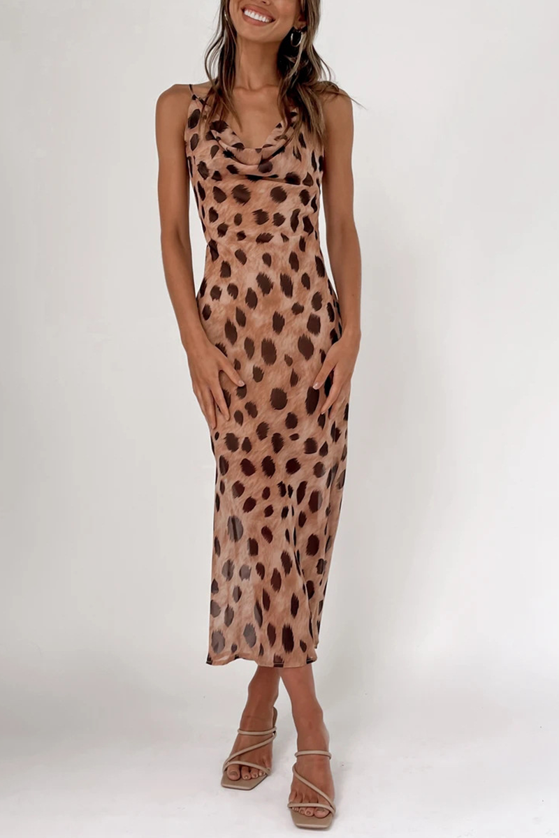 Sexy Animal Print Leopard Patchwork Spaghetti Strap Pencil Skirt Dresses - Fashionpara