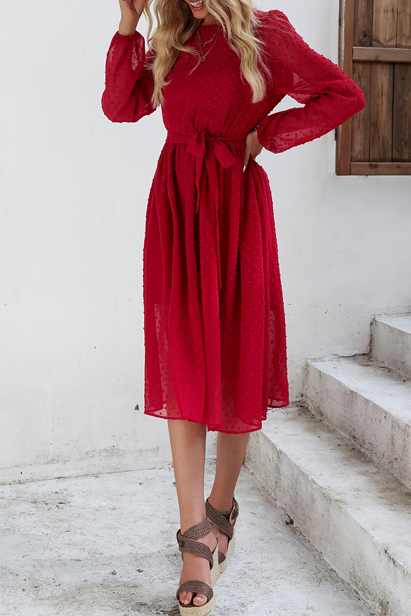 Casual Solid Split Joint O Neck Waist Skirt Dresses - Fashionpara