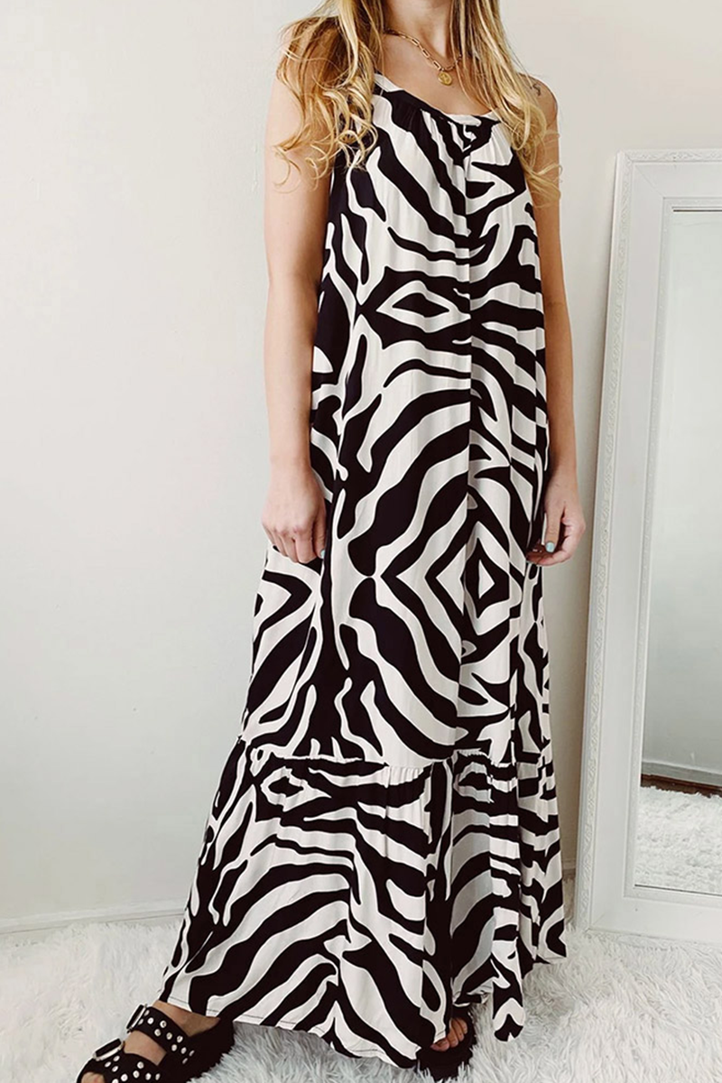 Casual Print Split Joint Spaghetti Strap Straight Dresses - Fashionpara