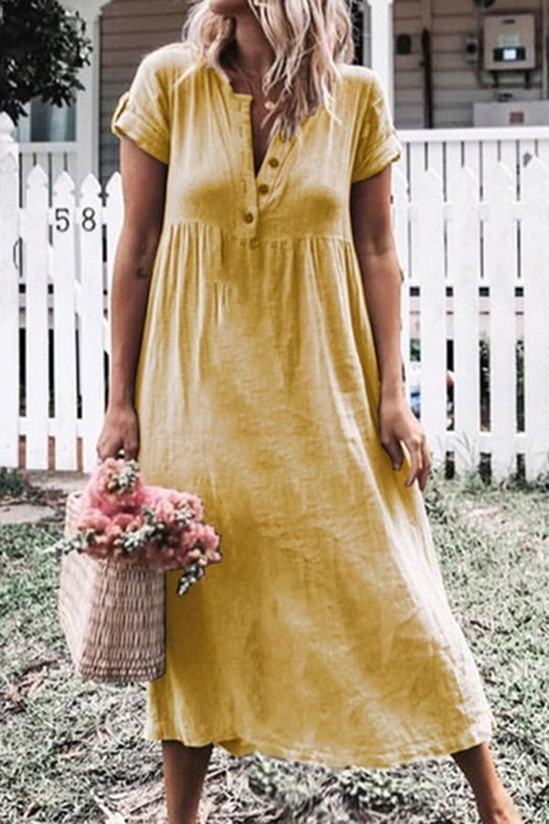 Casual Solid Buckle V Neck Straight Dresses(6 Colors) - Fashionpara