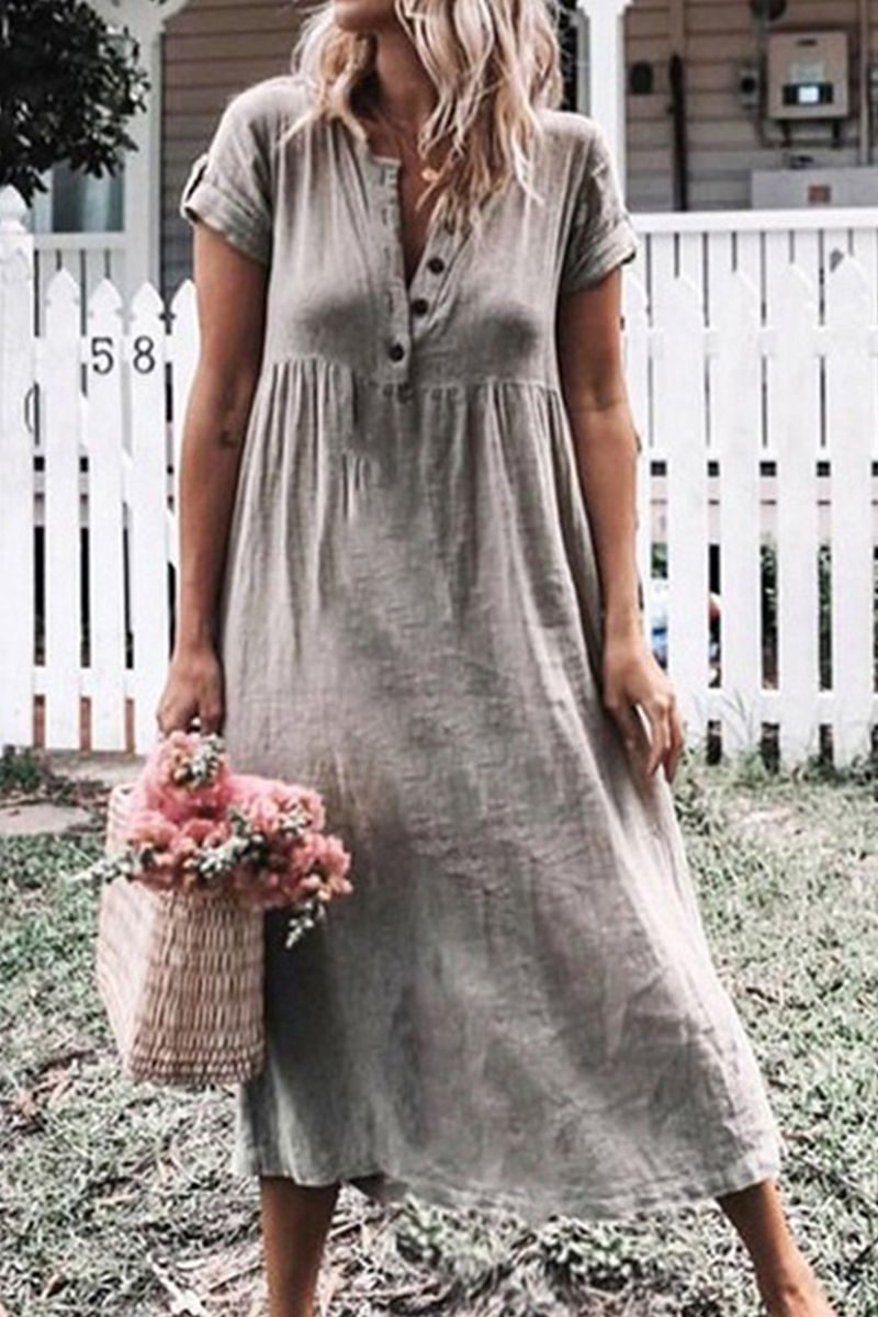 Casual Solid Buckle V Neck Straight Dresses(6 Colors) - Fashionpara