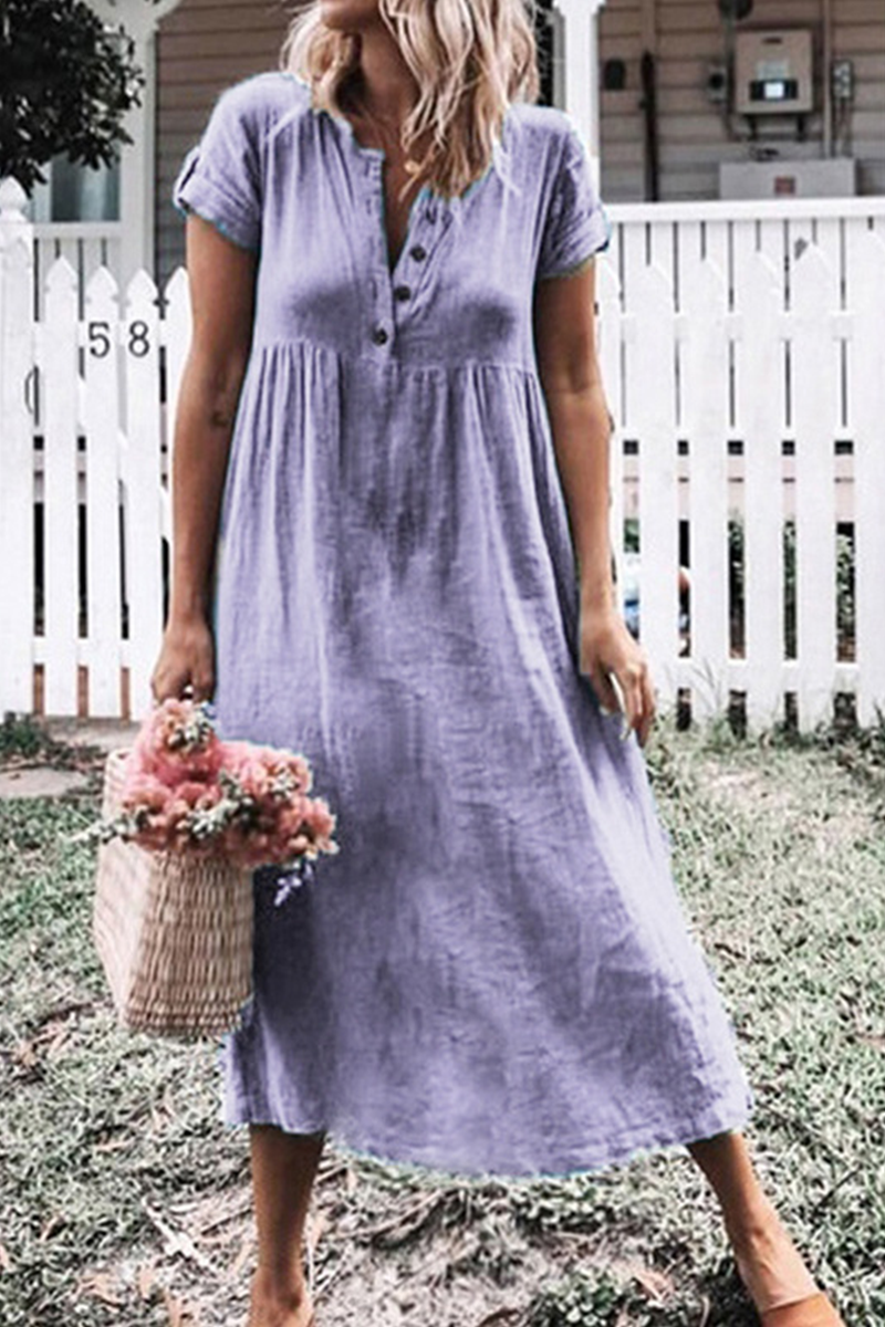 Casual Solid Buckle V Neck Straight Dresses(6 Colors) - Fashionpara