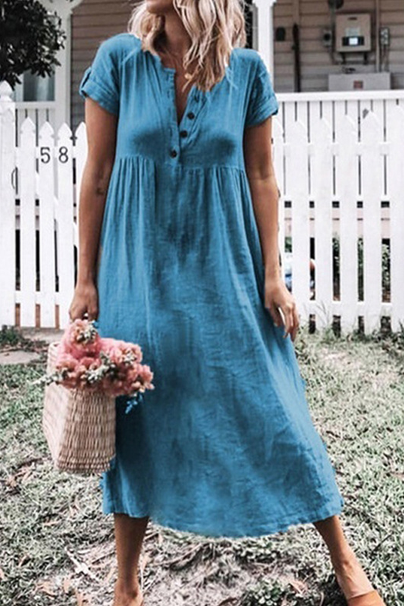 Casual Solid Buckle V Neck Straight Dresses(6 Colors) - Fashionpara