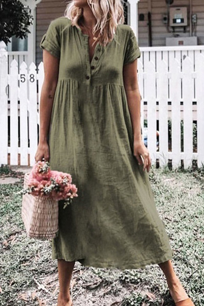 Casual Solid Buckle V Neck Straight Dresses(6 Colors) - Fashionpara