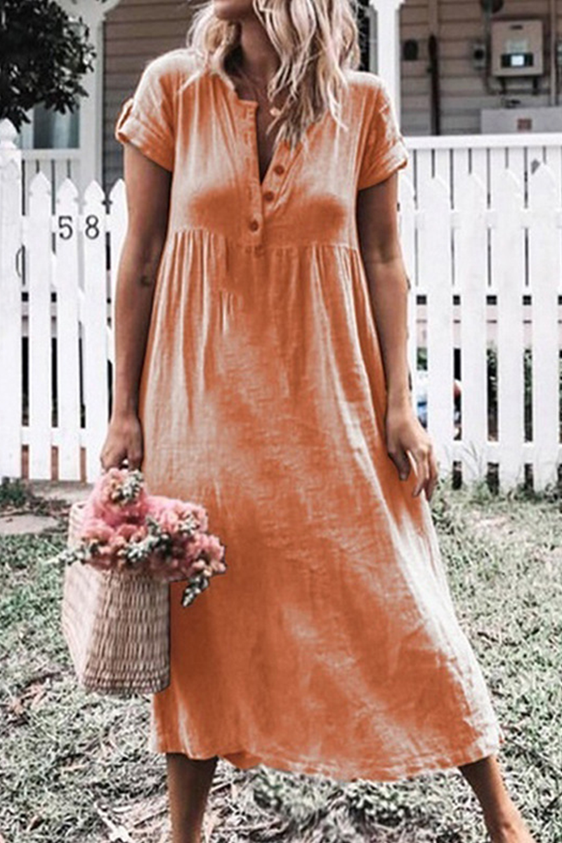 Casual Solid Buckle V Neck Straight Dresses(6 Colors) - Fashionpara