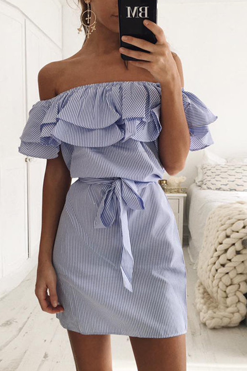 Casual Striped Flounce Off the Shoulder Pencil Skirt Dresses(4 colors) - Fashionpara