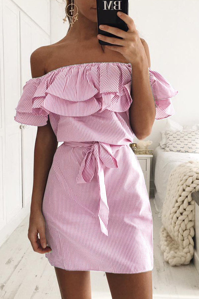 Casual Striped Flounce Off the Shoulder Pencil Skirt Dresses(4 colors) - Fashionpara