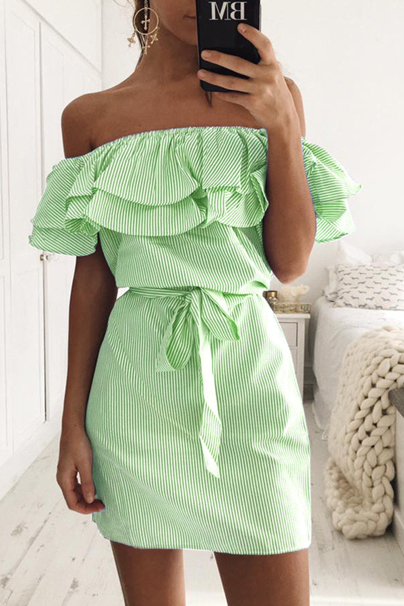 Casual Striped Flounce Off the Shoulder Pencil Skirt Dresses(4 colors) - Fashionpara